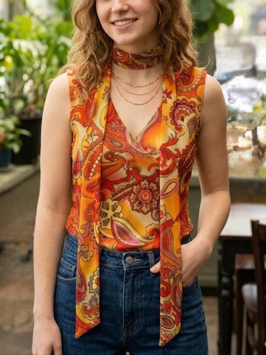 FMX & CO Tops - VINTAGE FMX & CO Y2K Psychedelic Paisley Tie-Neck Top Festival 70s Retro Hippie